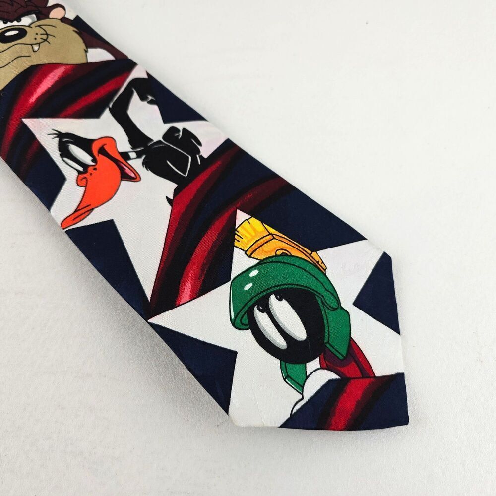 Vintage Looney Tunes Tie Men Standard Navy Silk Necktie Cartoon Taz Marvin Daffy
